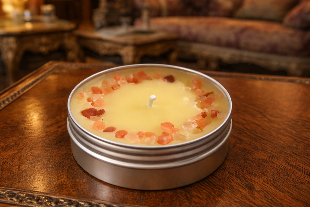 Candle in a metal container on a wooden surface with a blurred background