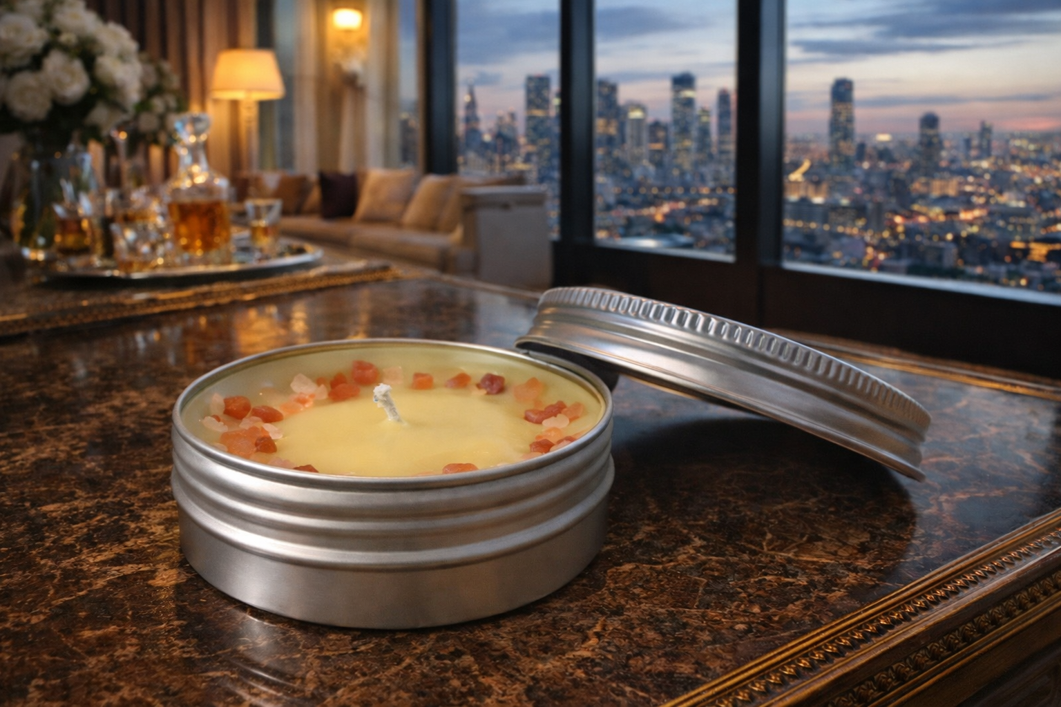 Candle in a metallic container on a table with a cityscape view in the background