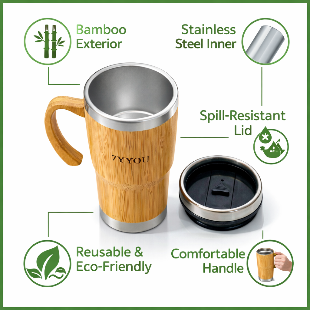 7YYOU Bamboo Travel Mug with Stainless Steel Inner - Eco-Friendly Coffee Mug