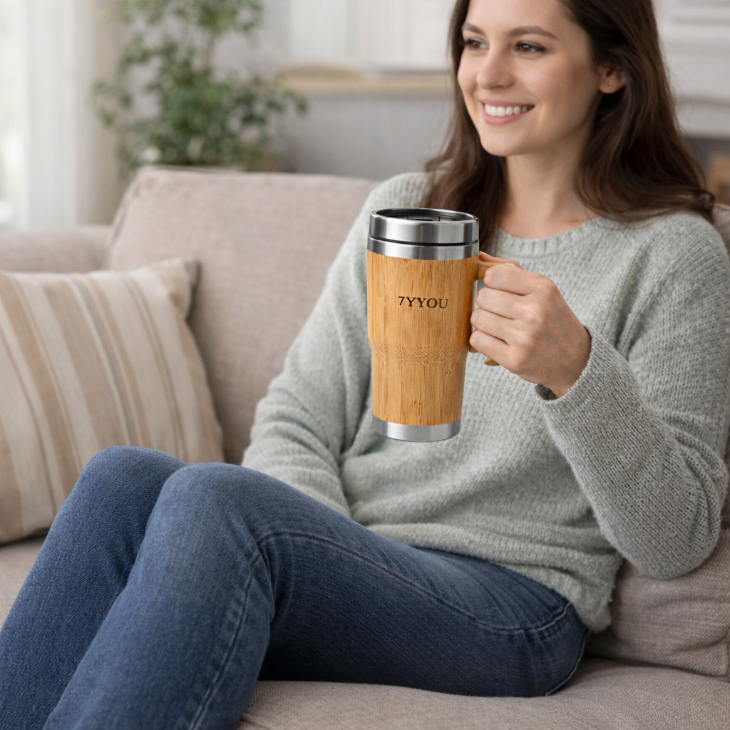 7YYOU Bamboo Travel Mug with Stainless Steel Inner - Eco-Friendly Coffee Mug