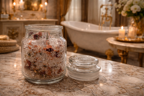 Glass jar with decorative elements on a marble surface in an elegant bathroom setting.
