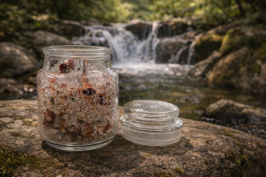 Glass jar with natural contents on a rock with a waterfall in the background