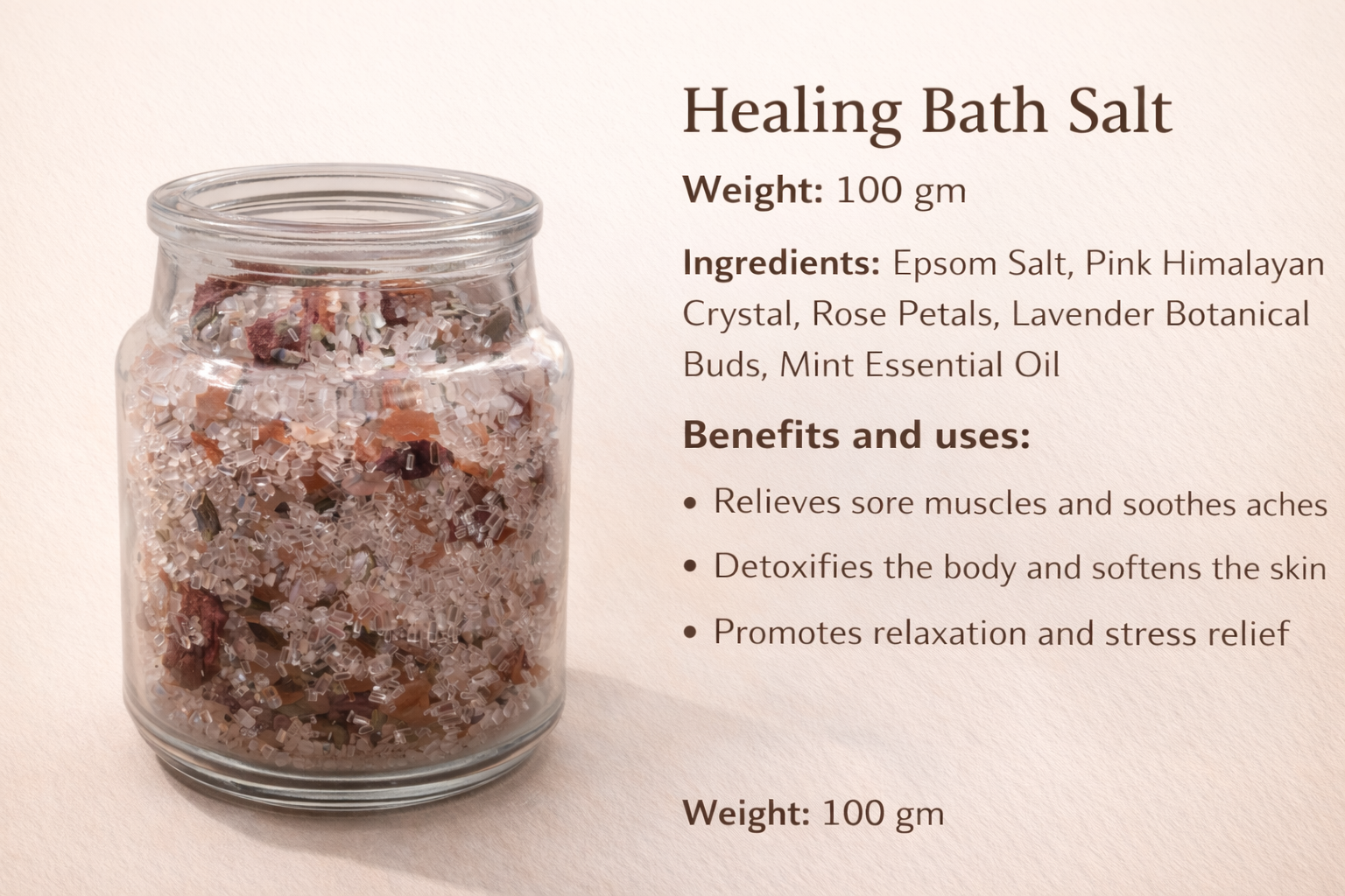 Jar of healing bath salt with product details on a beige background
