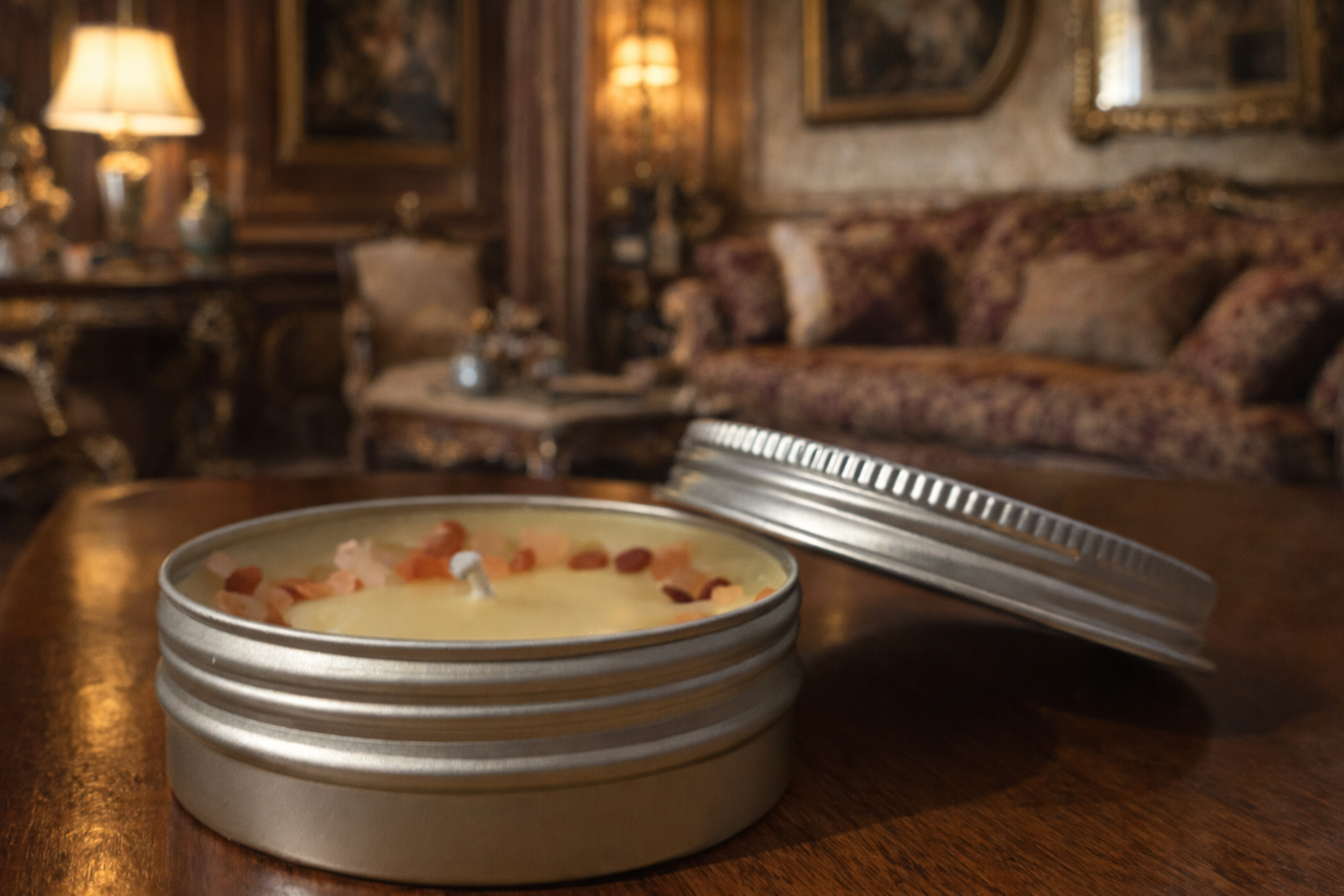 Metallic container with lid on a wooden surface in an elegant room with furniture and decor.
