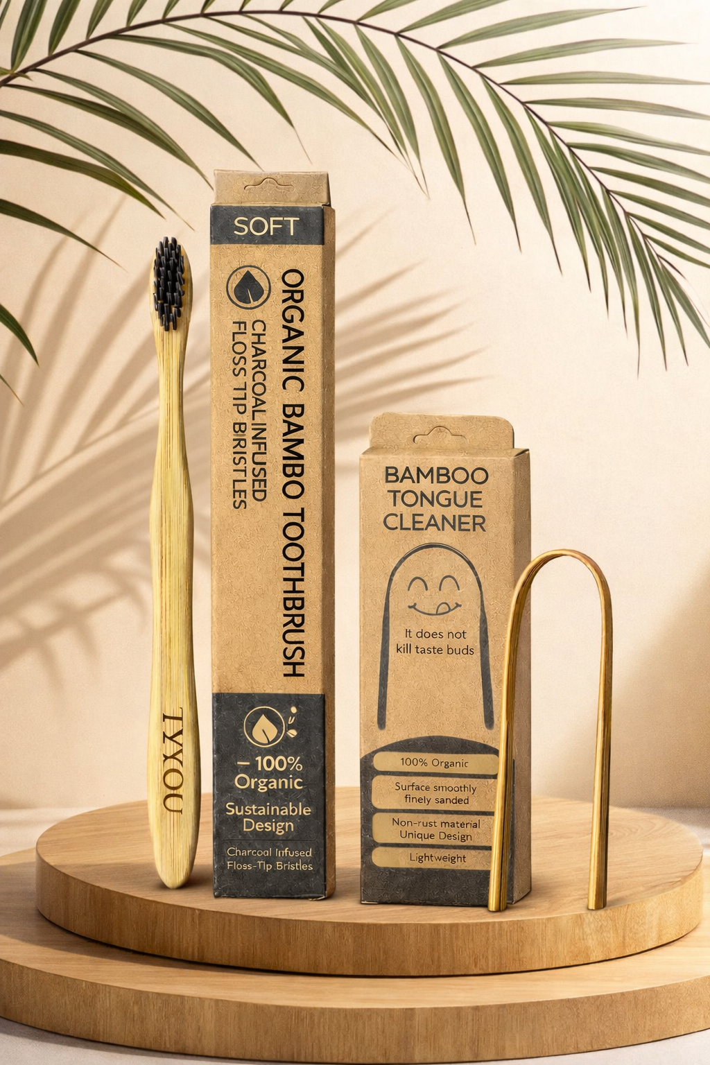 7YYOU Eco-Friendly Bamboo Oral Care Set - Charcoal Toothbrush & Tongue Cleaner